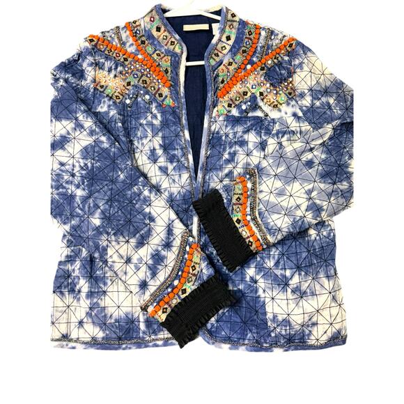 Chico's Indigo Moon Artisan Blue Tie Dye Quilted Open Jacket Embroidered Medium - Picture 1 of 13